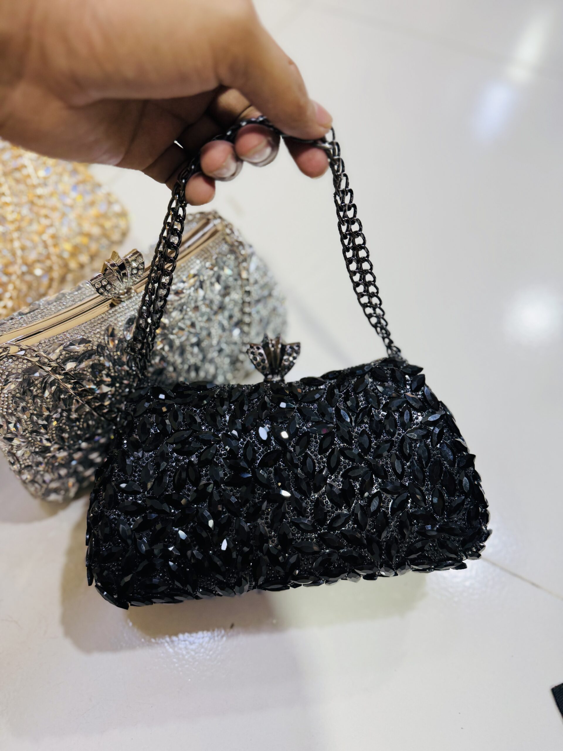 Black Crystal Leaf Evening Clutch