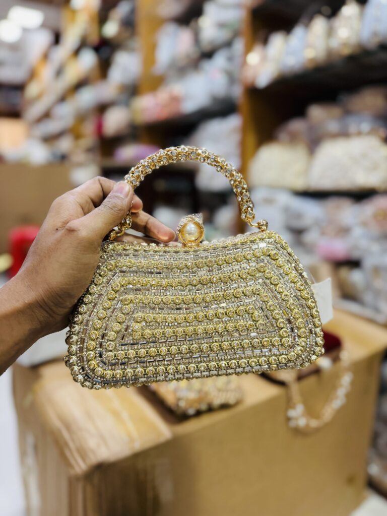 Gold Geometric Crystal Handle Evening Bag
