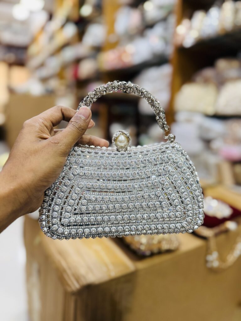 Silver Geometric Crystal Handle Evening Bag