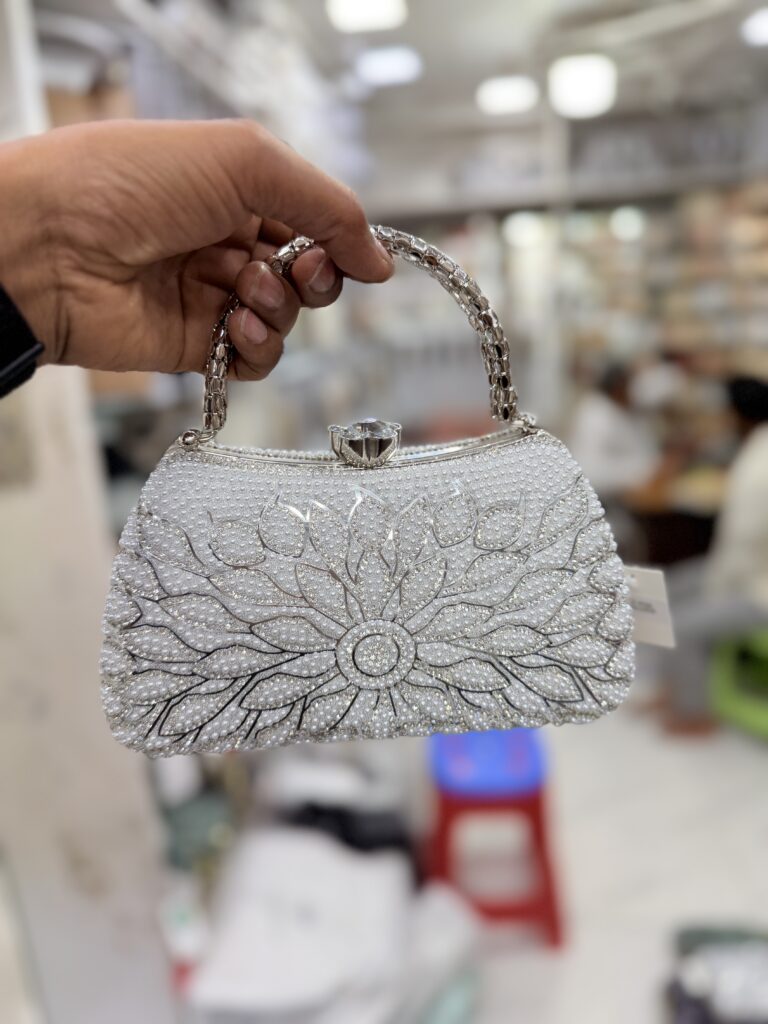 Silver Floral Pearl Crystal Handle Bag