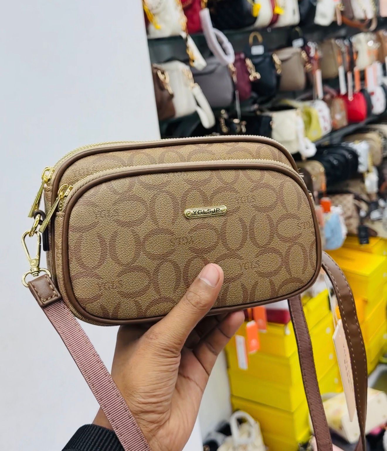 Tan Monogram Double-Zip Crossbody Bag